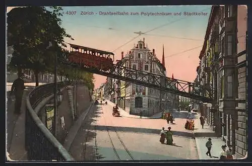 AK Zürich, Drahtseilbahn zum Polytechnikum und Stadtkeller, Bergbahn