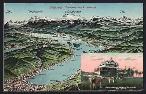 AK Zürich, Panorama von Pfannenstiel aus, Tödi, Hotel und Kurhaus Hochwacht Pfannenstiel