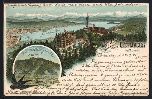 Vorläufer-Lithographie Uetliberg bei Zürich, 1895, Panorama mit Hotel, Schwalbe über Eisenbahn