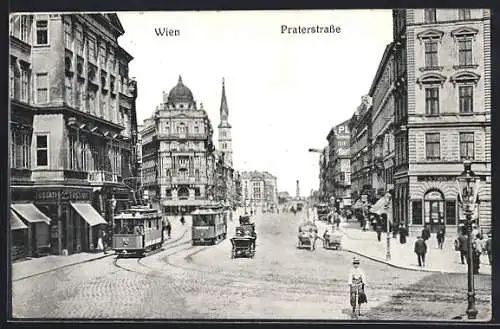 AK Wien, Praterstrasse mit Strassenbahnen