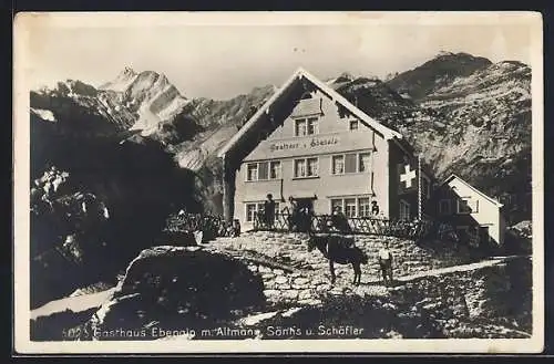 AK Ebenalp, Gasthaus Ebenalp mit Altmann, Säntis und Schäfler