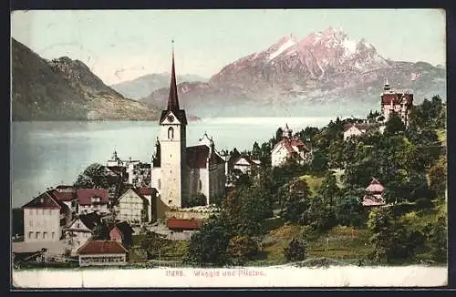 AK Weggis, an der Kirche, Blick auf den Pilatus