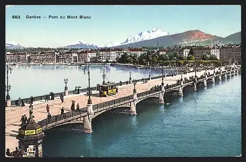 AK Genéve, Pont du Mont Blanc mit Strassenbahn