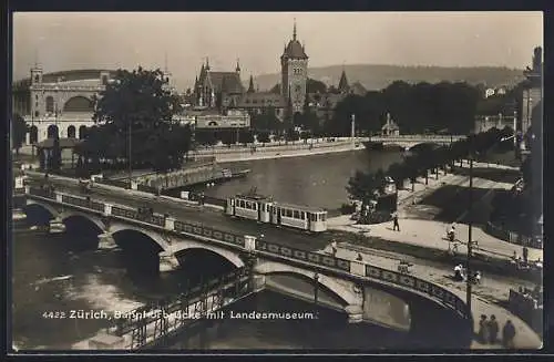 AK Zürich, Bahnhofbrücke mit Strassenbahn