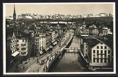 AK Zürich, Strassenbahn am Limmatquai, Conditorei Schurter