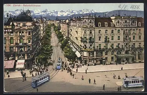 AK Zürich, Bahnhofstrasse, Geschäfte, Grand Hotel National, Strassenbahn