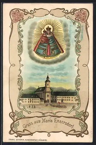 Lithographie Maria Enzersdorf, Gnadenbild über der Kirche