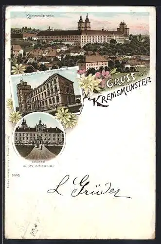 Lithographie Kremsmünster, Ortspartie, Sternwarte u. Obergymnasium, Eingang in den Prälatenhof