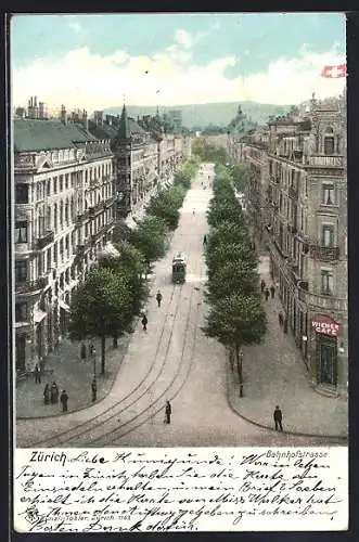 AK Zürich, Bahnhofstrasse aus der Vogelschau mit Strassenbahn