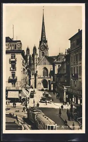 AK Zürich, Strassenbahn in der Poststrasse