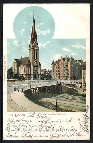 AK St. Gallen, St. Leonhardskirche und Brücke