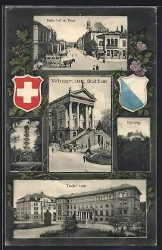 AK Winterthur, Technikum, Kyburg, Bahnhof u. Post