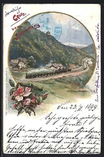 Künstler-AK Semmering, Ortspartie mit Bahnhof und Eisenbahn