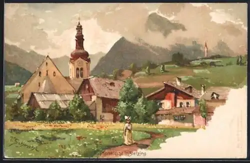 Künstler-AK P. Schmohl: Sterzing, Pfarrkirche mit Landschaft