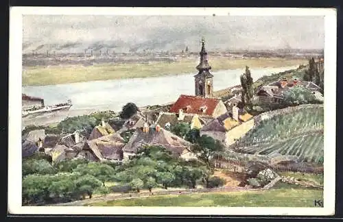 Künstler-AK J. Kalous: Wien / Kahlenberg, Dorf mit Donau