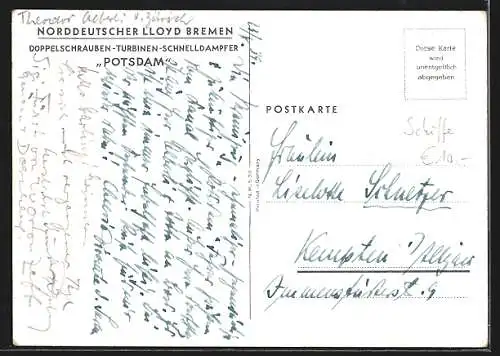 Künstler-AK Doppelschrauben-Turbinen-Schnelldampfer Potsdam