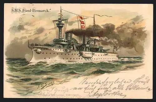 Künstler-AK Johann Georg Siehl-Freystett: Kriegsschiff SMS Fürst Bismarck bei leichtem Wellengang