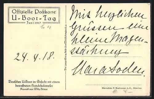 Künstler-AK Willy Stoewer: U-Boot-Tag 1917, U-Boot im Gefecht mit bewaffnetem Handelsdampfer
