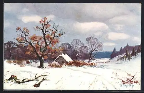 Künstler-AK August Splitgerber: Einzelnes Haus in winterlicher Landschaft