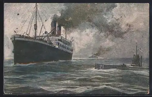 Künstler-AK Hans Rudolf Schulze: U-Boot U 21 hält grossen englischen Dampfer im Kanal ab