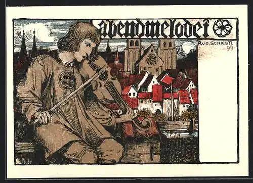 Künstler-AK Rudolf Schiestl: Abendmelodie, Musiker spielt auf einer Geige