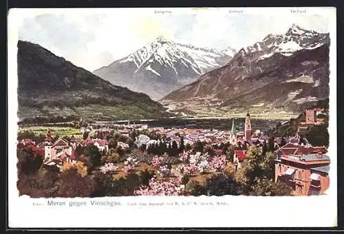 Künstler-AK F.A.C.M. Reisch: Meran, Panorama gegen Vinschgau