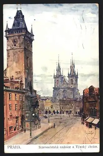 Künstler-AK Prag / Praha, Altstädter Ring, Staromestské námestí, Altstädter Rathaus und Teinkirche