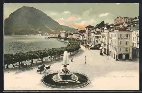 AK Lugano, Promenade mit Hotel Walter, Brunnen und Pferdekutsche