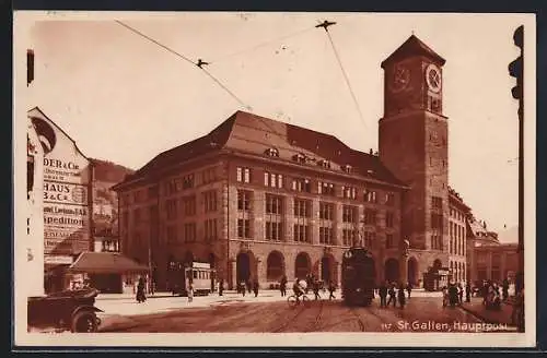 AK St. Gallen, Hauptpost mit Strassenbahn