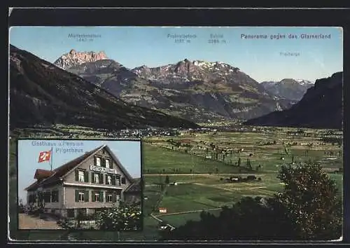 AK Benken, Mariabildstein, Gasthaus und Pension Pilgerhaus, Panorama vom Glarnerland