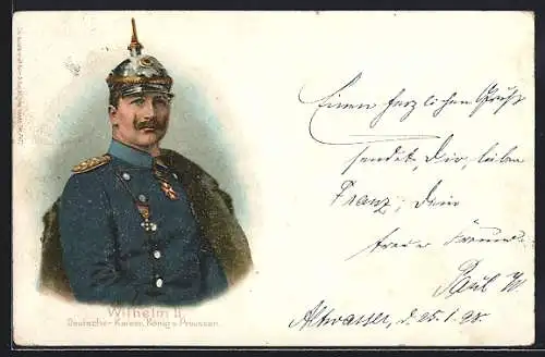 Lithographie Wilhelm II., Deutscher Kaiser, König von Preussen, Pickelhaube