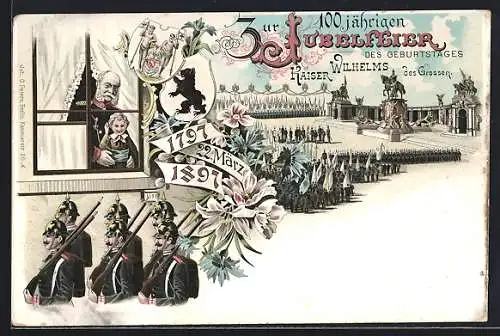 Lithographie 100jähriger Geburtstag Kaiser Wilhelm I. 1897, Kaiser Wilhelm I. 1897, Militärparade, Wappen