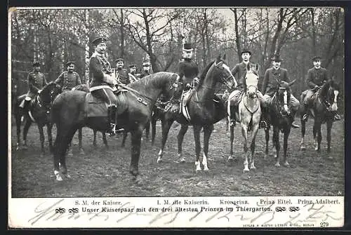 AK Unser Kaiserpaar mit den drei ältesten Prinzen bei einem Ausritt im Thiergarten, Kaiser Wilhelm II.