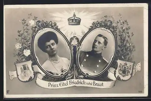 AK Prinz Eitel Friedrich von Preussen nebst Braut, Wappen und Krone