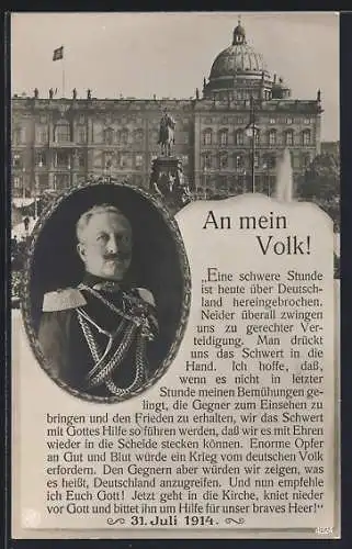 AK Kaiser Wilhelm II. in Uniform mit Orden, Portrait, Stadtschloss mit Denkmal, Vers, 1914