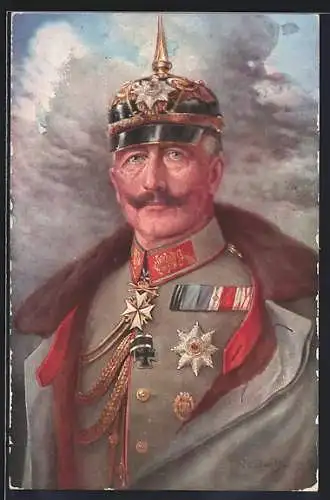 Künstler-AK Kaiser Wilhelm II. mit Uniform und verzierter Pickelhaube im Portrait