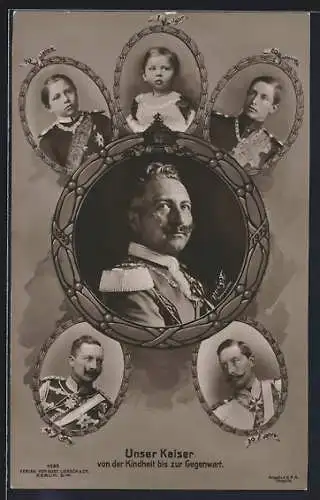 AK Kaiser Wilhelm II. in Uniform, Portraits, von der Kindheit bis zur Gegenwart, 6 gerahmte Ansichten