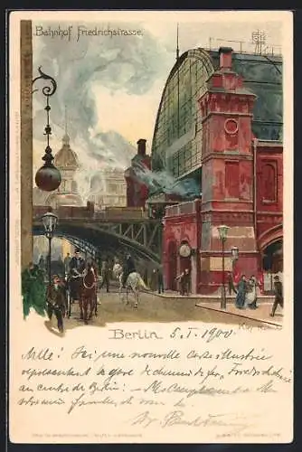 Künstler-AK Heinrich Kley: Berlin, Bahnhof Friedrichstrasse mit Leuten auf der Strasse