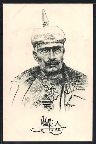 Künstler-AK W. Schodde: Kaiser Wilhelm II. in Uniform mit Pickelhaube