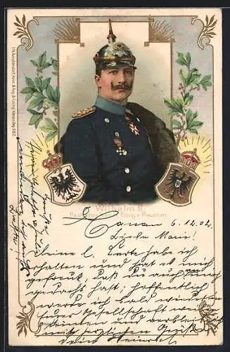 Lithographie Porträt Kaiser Wilhelm II. in Uniform mit Pickelhaube, Reichsadler, Wappen, Krone