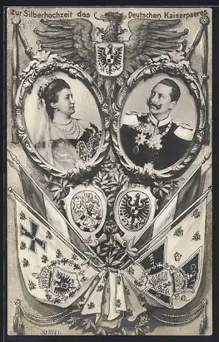 AK Silberhochzeit des Deutschen Kaiserpaares, Kaiserin Auguste Victoria Königin von Preussen, Wappen