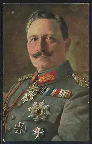 AK Kaiser Wilhelm II. in Uniform mit abzeichen und ernstem Blick