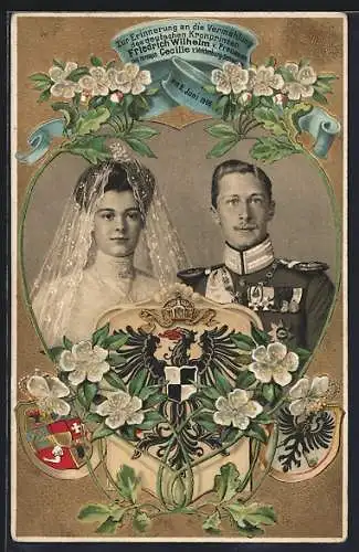 AK Kronprinz Wilhelm von Preussen mit Herzogin Cecilie v.Meklenburg-Schwerin, Erinnerung a.d.Vermählung 1905, Wappen