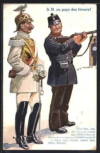 AK Kaiser Wilhelm II. im Lande der Schützen, Schweizer Soldat mit Gewehr