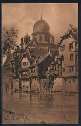 Künstler-AK Nürnberg, Insel Schütt mit Synagoge