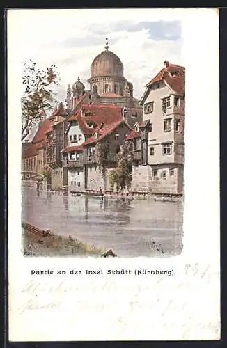 Lithographie Nürnberg, Insel Schütt mit der Synagoge im Hintergrund