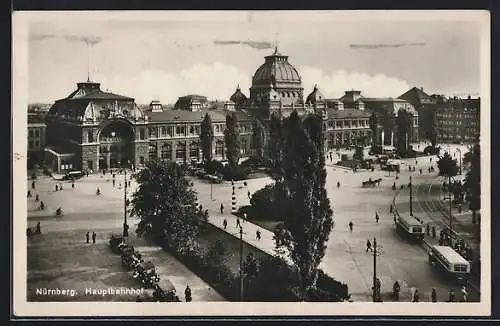 AK Nürnberg, Hauptbahnhof mit Strassenbahnen