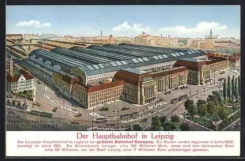 AK Leipzig, der neue Hauptbahnhof aus der Vogelschau betrachtet, Strassenbahnen auf der Strasse und an der Haltestelle