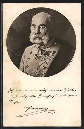 AK Kaiser Franz Josef I. von Österreich, Rundportrait in Uniform und mit Orden