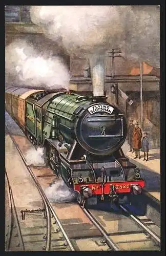 Künstler-AK Flying Scotsman, Englische Eisenbahn auf dem Weg von King`s Cross nach Edinburgh